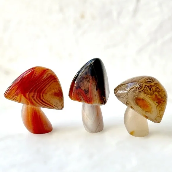 Banded Agate SET Artisan Hand Carved Luminous Mushroom Crystal Trio UNIQUE Accents